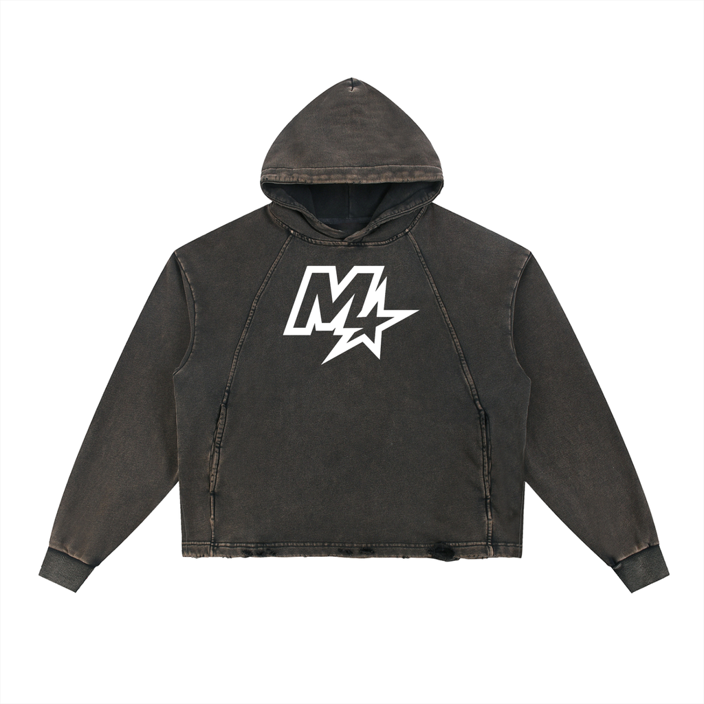 Murf Barbell Star Logo Vintage Washed Frayed-Hem Hoodie